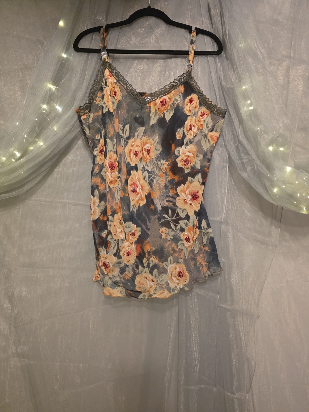 Y2K Cato Size 18/20W  Floral Lace-Trim Camisole - Green & Peach